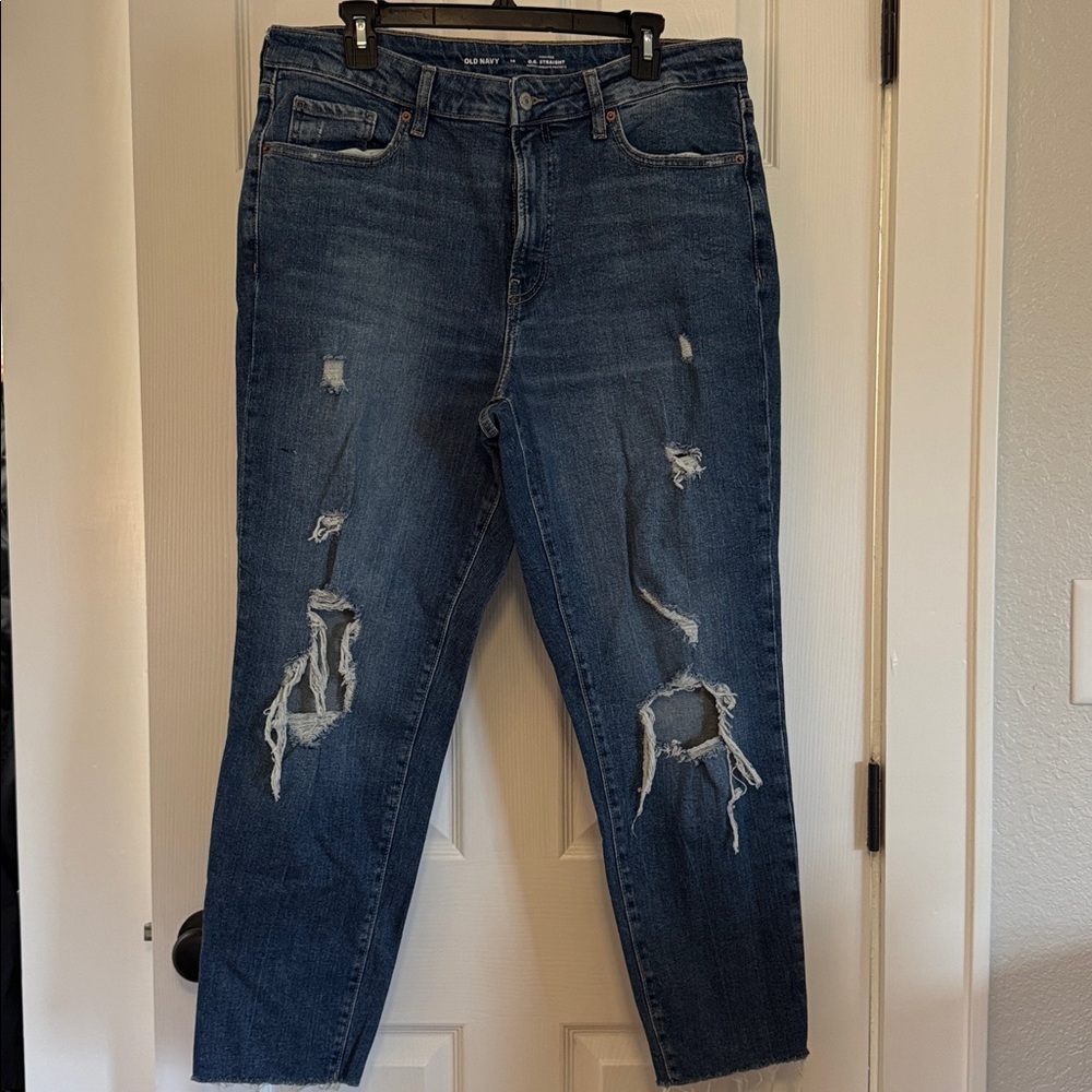 Old Navy Distressed High Rise O.G. Straight Secret Smooth Pockets in Dark Blue - Picture 2 of 11